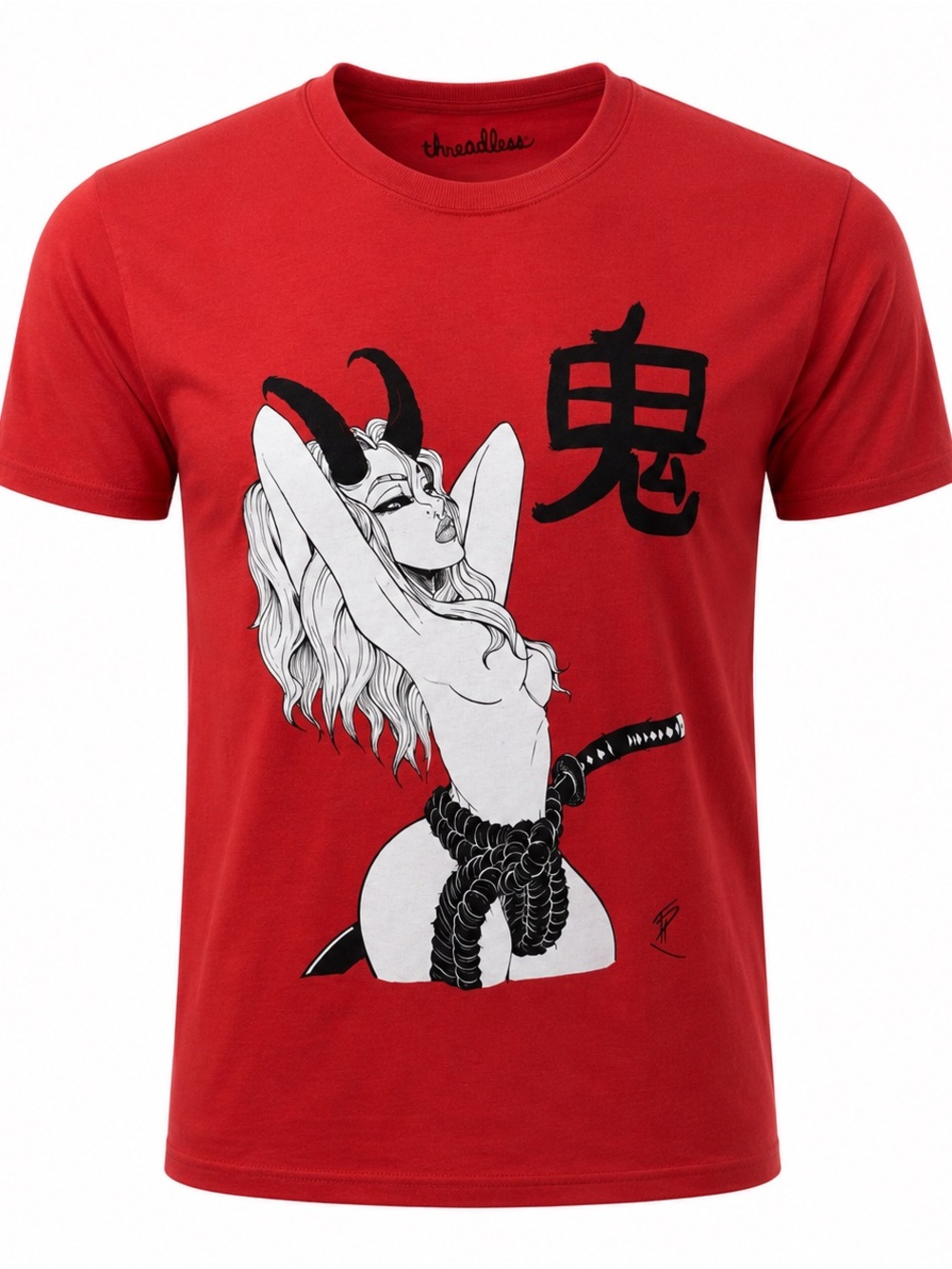 Threadless Demon Oni Graphic T-Shirt Red Tyler DeBerry Art Women’s Small